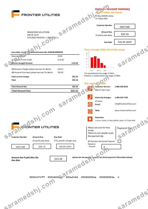 USA Texas Frontier Utilities business utility bill template in Word and PDF formats